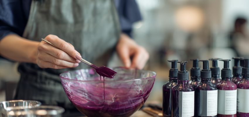 Professional mixing vibrant purple hair dye in a glass bowl, demonstrating the importance of the proper hair dye to developer ratio.