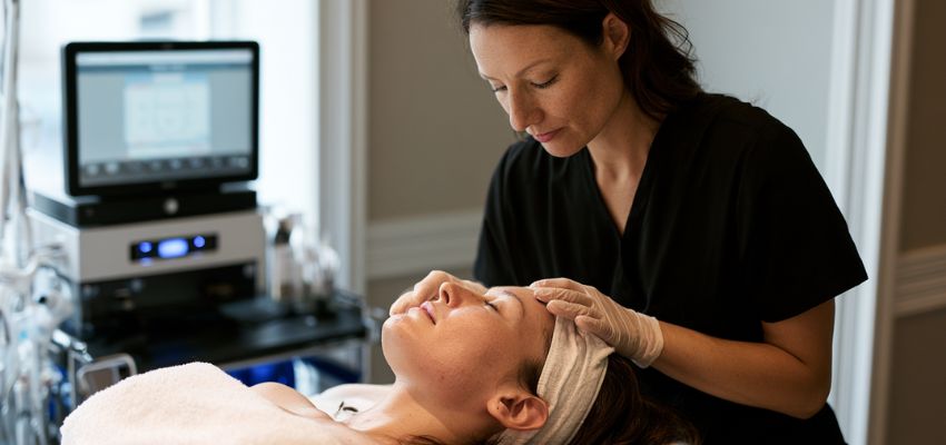 A dermatologist examines her client's face before a facial.