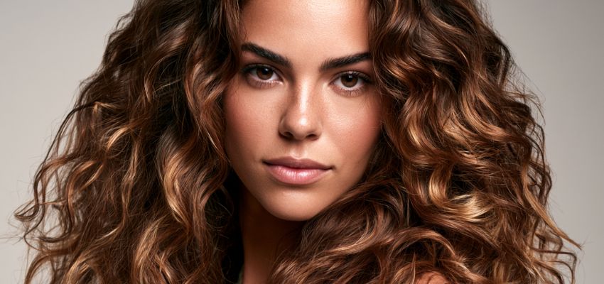 Stunning curly hairstyle featuring partial highlights on brown hair, adding natural dimension and golden tones to the waves.