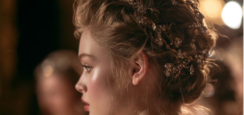 Intricate jeweled updo in profile, highlighting the most expensive hairstyle.