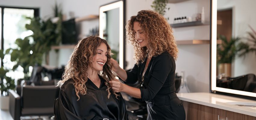 Client smiling with fresh curls after a salon visit that answers how much does a perm cost.