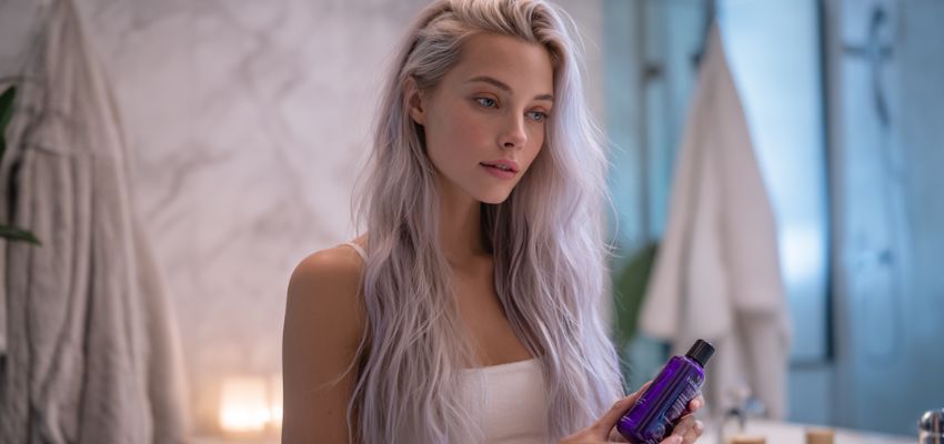 Woman with stunning silver-lavender hair holding a hair product, showcasing the best hair color for cool skin tone