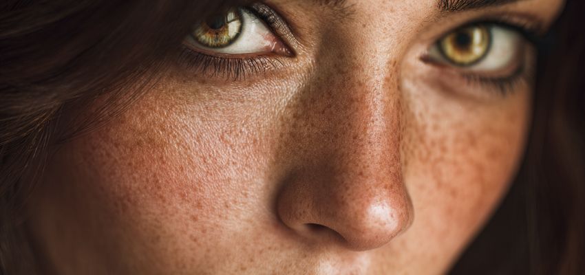 Close-up of a woman with fair freckled skin and hazel eyes, highlighting the best hair color for cool skin tone