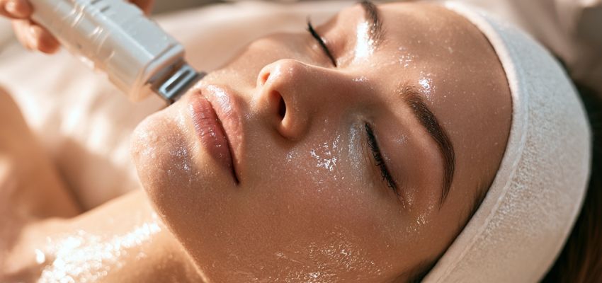 Close-up of a client receiving a targeted galvanic facial with a specialized device.
