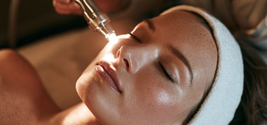 Woman relaxing with glowing skin during a professional galvanic facial treatment.