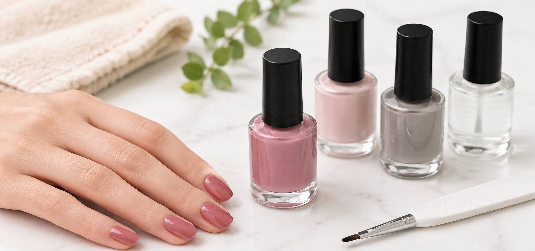 Hand with polished nails beside elegant bottles from leading nail polish brands.