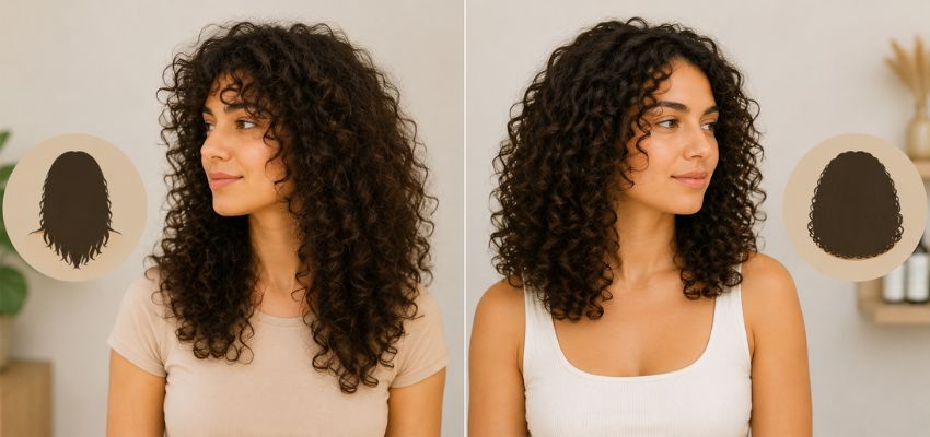 Side-by-side curly hair styles comparing the shape differences in rezo cut vs deva cut.