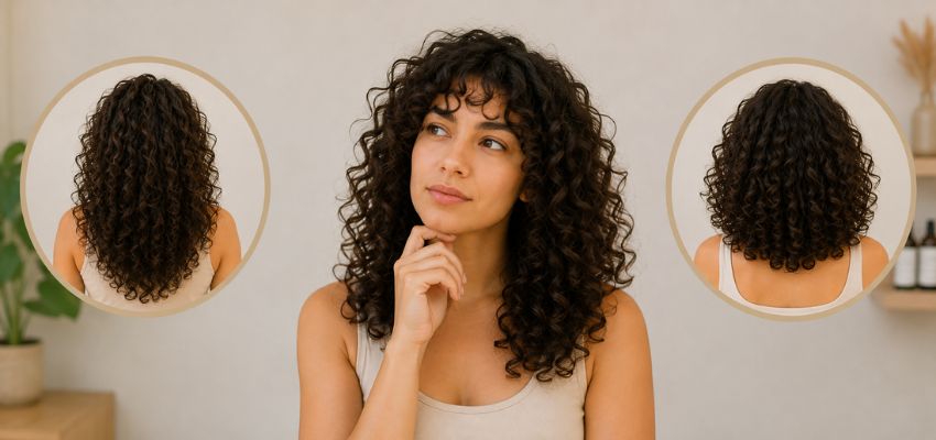 Woman considering curly styles with back views highlighting rezo cut vs deva cut results.