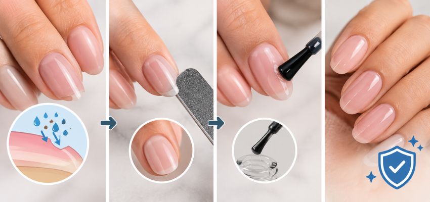 Step-by-step nail prep and application process to prevent why does my gel polish peel off.