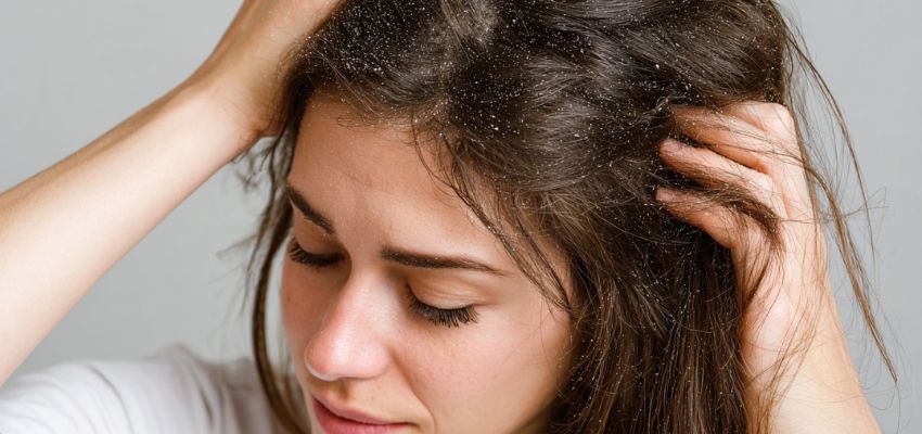dry-scalp-vs-dandruff3 Woman scratching head due to irritation, highlighting dry scalp vs dandruff