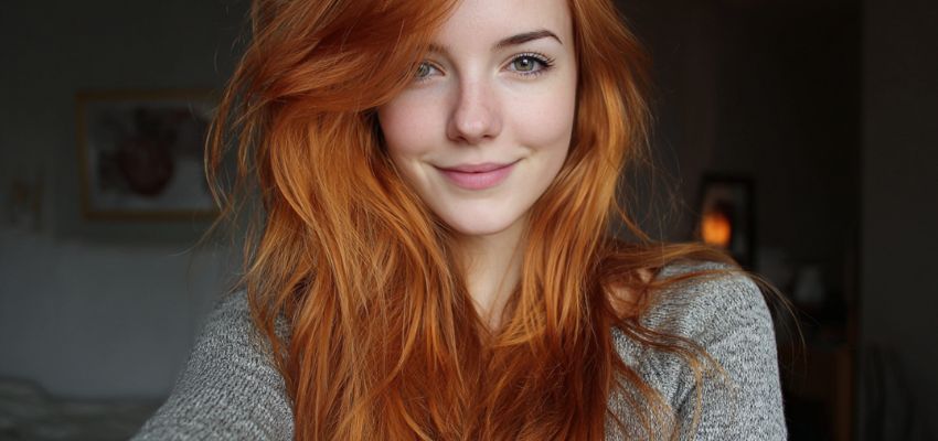 Smiling woman with natural ginger hair color in soft curls