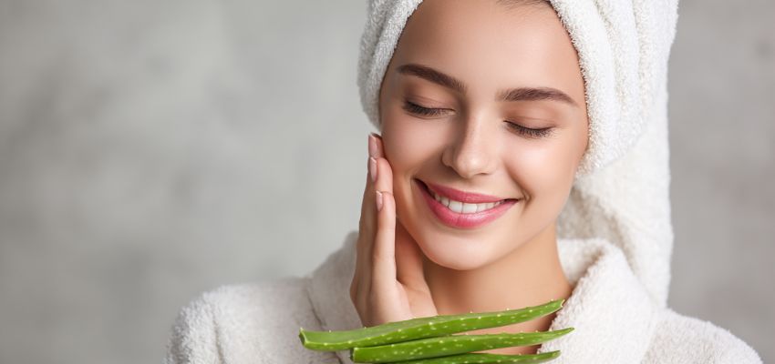 Smiling woman applying aloe vera on her face, a natural remedy for glowing skin and how to remove age spots naturally.