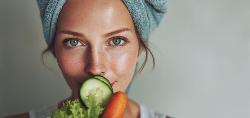 Young woman with fresh vegetables showing a healthy diet as a natural way to improve skin and how to remove age spots naturally