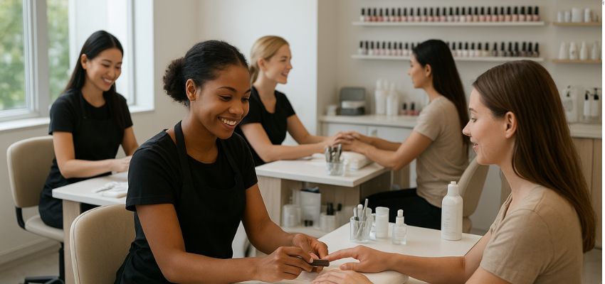 how-to-open-a-nail-salon2 Several women providing manicure services in a bright white nail salon, illustrating successful salon setup ideas for how to open a nail salon.