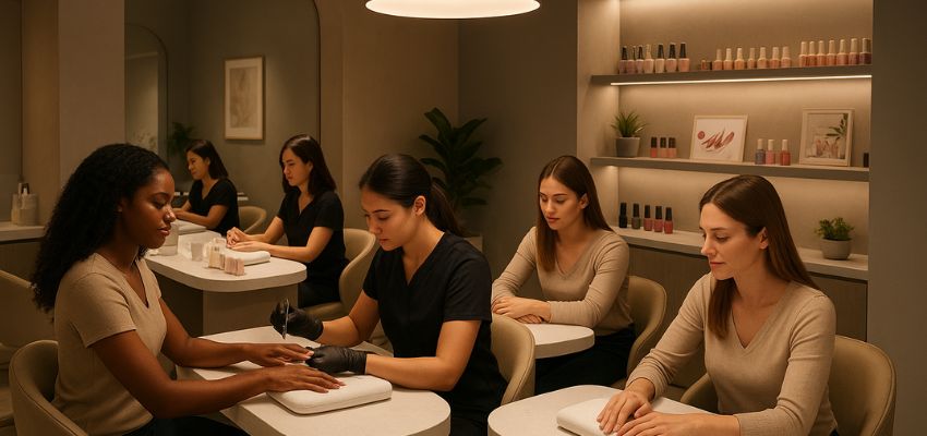 how-to-open-a-nail-salon3 Team of nail technicians attending clients in a cozy brown-themed salon, showcasing interior design inspiration for how to open a nail salon.