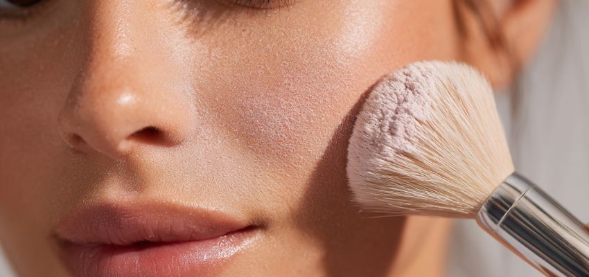Close-up of a makeup brush applying setting powder to the cheek during final makeup steps.