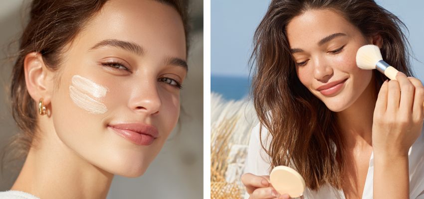 powder-sunscreen1 Two women comparing the application of liquid sunscreen and powder sunscreen to show differences in texture and finish
