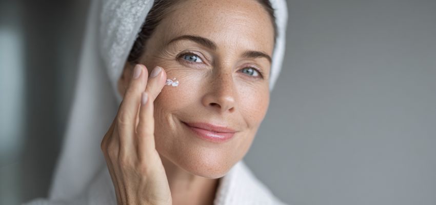 uneven skin tone (1) The woman is using a skincare that helps eliminate uneven skin tone.