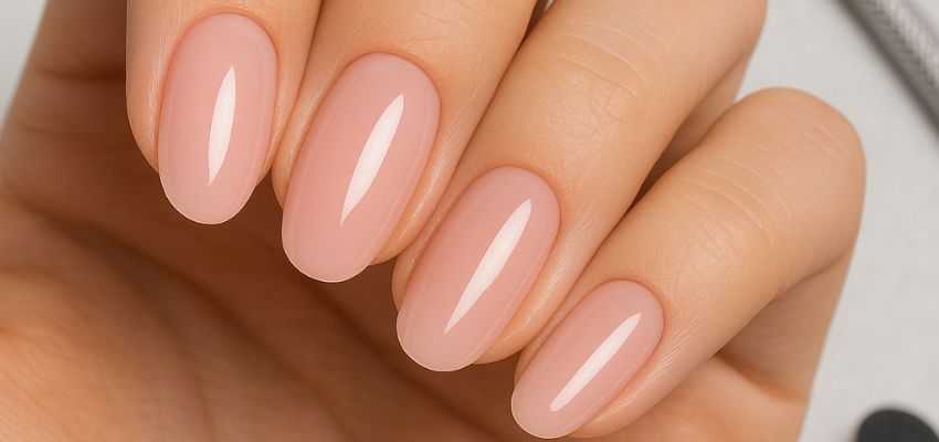 Close-up view illustrating what is polygel through a natural-looking pink manicure with an oval nail shape.