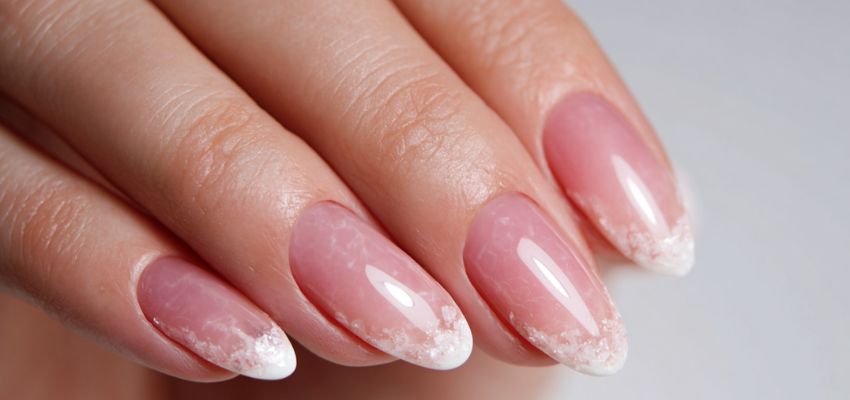 Close-up of shimmery white glitter acrylic French tip nail designs on a woman’s hands.