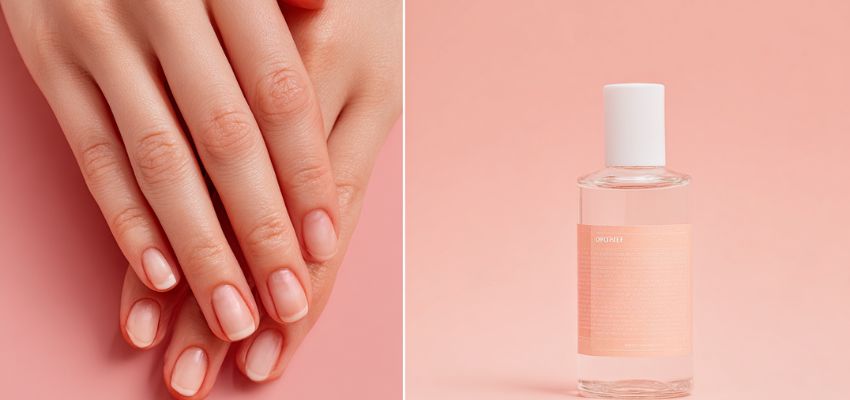 Side-by-side photo showing clean nails and a bottle of the best nail polish remover for smooth, residue-free results.