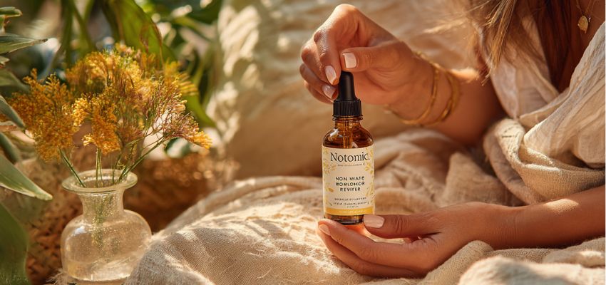 Woman holding the best nail polish remover with pillows and flowers in the background.