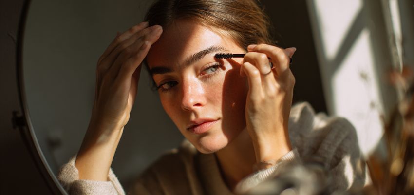 Woman prepping her eyebrows for an eyebrow tinting treatment.