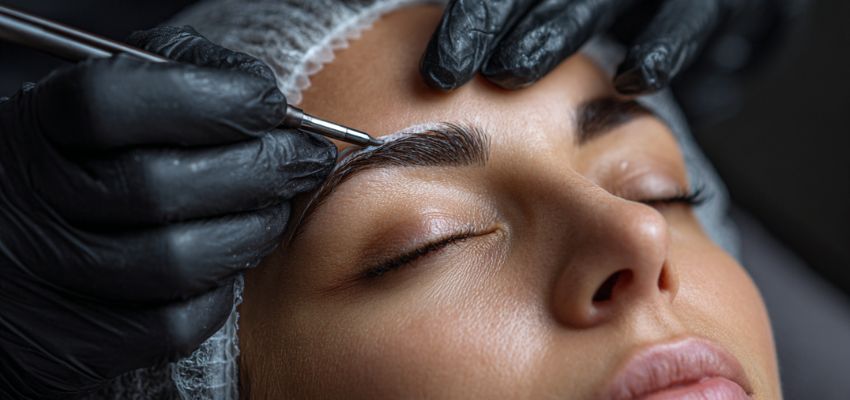 Close-up view of a woman having her eyebrows shaped by waxing, illustrating how often to get eyebrows waxed for clean results.