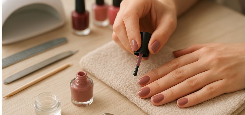 Close-up of a woman applying nude gel polish to her nails at home — a step in how to do gel nails properly.