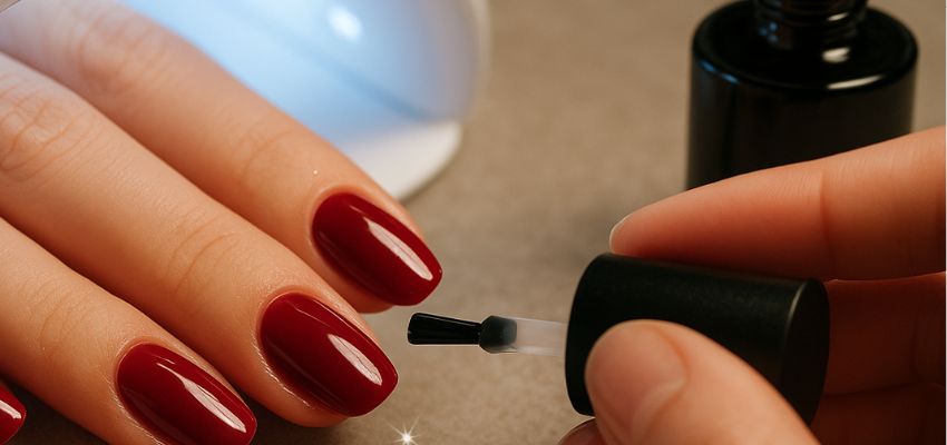Close-up of hands applying a glossy red gel polish before curing — showing the final steps in how to do gel nails for a salon-quality finish.