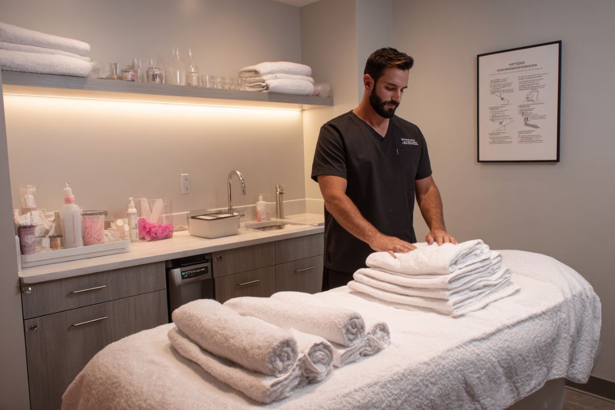 Professional male wax specialist carefully arranging fresh towels and setting up a hygienic station for a manzilian wax appointment.