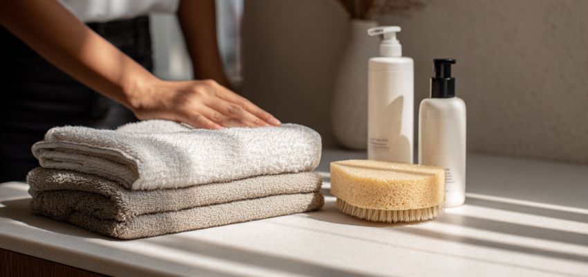 Clean, folded white and beige towels alongside premium skincare products and natural sponge prepared for a professional manzilian wax treatment.
