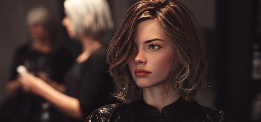 Woman with freshly transformed brunette to blonde balayage bob haircut looking confidently in a salon mirror, surrounded by stylists in the background.