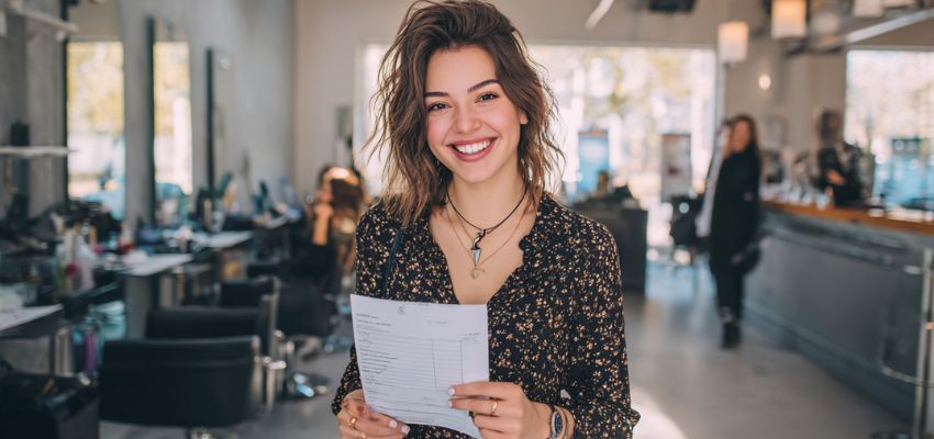 Young woman proudly displaying her hairstylist license certificate in a bright, modern salon, smiling after completing her cosmetology training