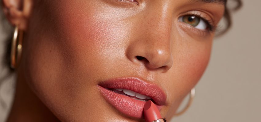 Woman with warm-toned skin and golden hoop earrings applying soft rose-nude lipstick to her perfectly shaped lips, showcasing a classic lip form commonly featured in lip shape chart guides.