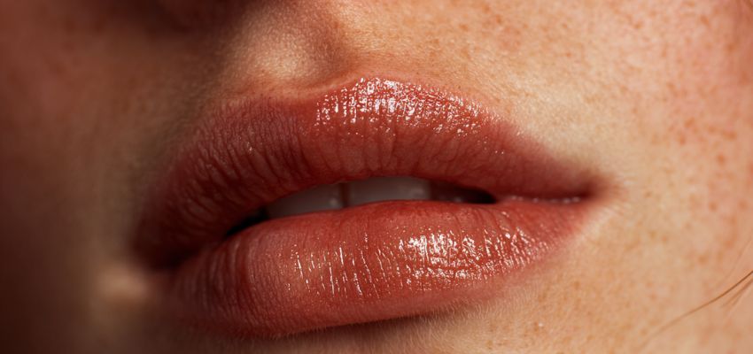 Macro close-up of naturally full, glossy nude-pink lips with visible texture and freckles on surrounding skin, ideal reference for identifying lip shapes in a lip shape chart.