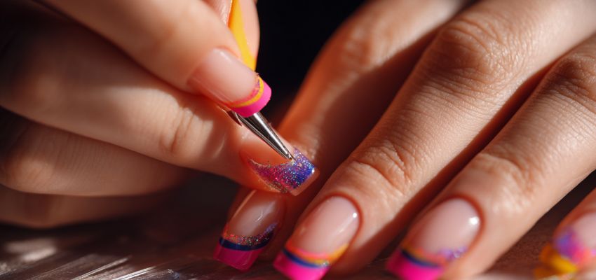 Nail technician creating colorful nail art on long acrylic nails inside a professional nail pod setup.