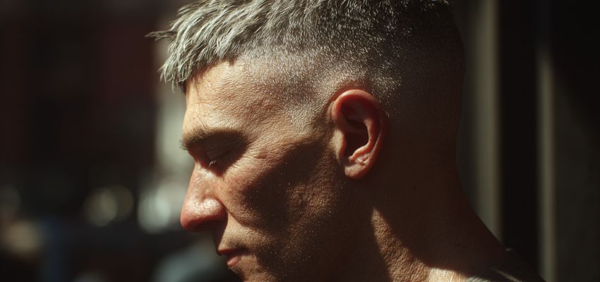 Close-up side profile of a man with a sharp, high fade and a modern textured crop on top—short, choppy layers styled with volume and movement