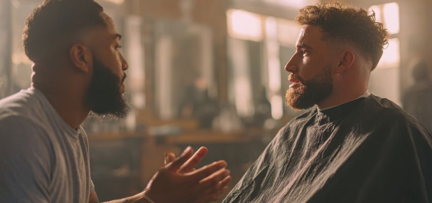 Barber engaging in conversation with a seated male client wearing a black cape, both smiling in a warmly lit barbershop; the client sports a freshly cut textured crop with faded sides, voluminous choppy top, and neatly defined edges, showcasing a classic modern men's style.