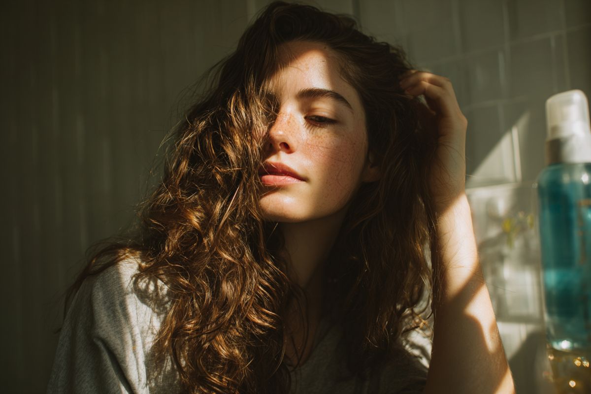Soft-lit portrait of a young woman with type 2 hair, showcasing long, voluminous wavy brown hair with defined S-pattern curls, freckled face, eyes closed, hand gently touching strands in a bathroom setting with blue hair product bottle nearby