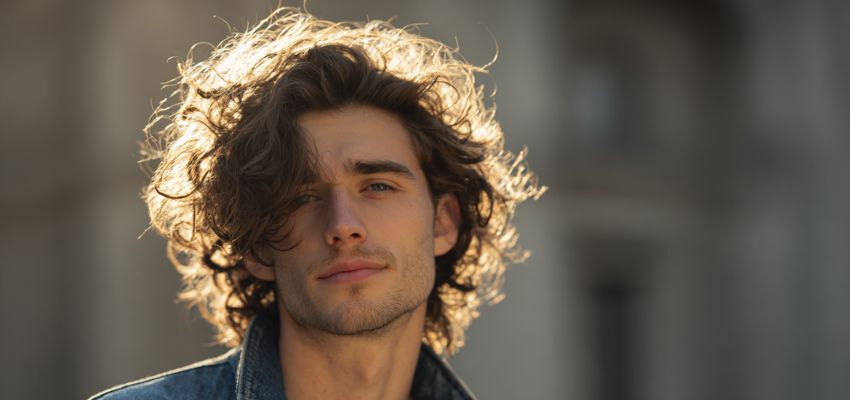 a young man with type 2 hair, featuring voluminous, tousled curly waves in medium brown, natural sunlight highlighting the loose S-shaped texture and denim jacket collar