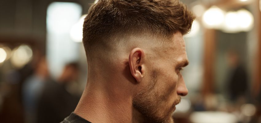 Close-up side view of a sharp, modern undercut haircut on a man with short faded sides and back, longer textured top, neatly blended fade visible around the ear, photographed in a professional barbershop environment