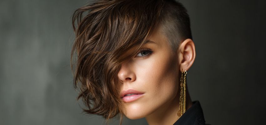 Striking portrait of a woman featuring a bold undercut haircut with closely shaved sides and back contrasted by longer, tousled, wavy brown hair swept dramatically to one side, showcasing an edgy and fashionable style