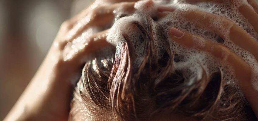 Hands applying rich foamy shampoo to wet hair in a close-up massage, illustrating cleansing routine for dry and oily scalp balance.
