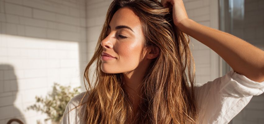 Beautiful woman with voluminous wavy hair gently running fingers through strands, representing healthy scalp care for dry and oily scalp concerns.
