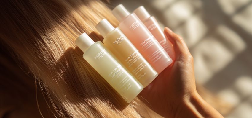 Hand holding four hair care product bottles against blonde hair, showcasing treatments designed for different hair cuticle types.