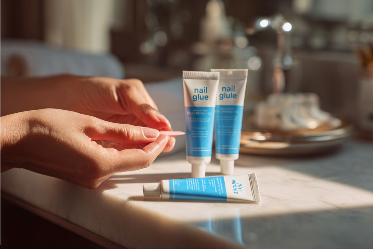 Is nail glue the same as super glue depicted with hands applying nail glue from tubes to artificial nails