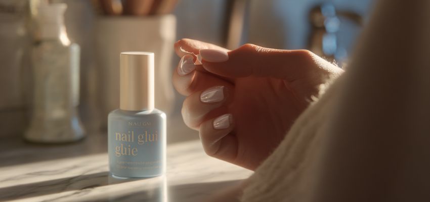 Is nail glue the same as super glue illustrated with a bottle of nail glue and a hand applying a fake nail