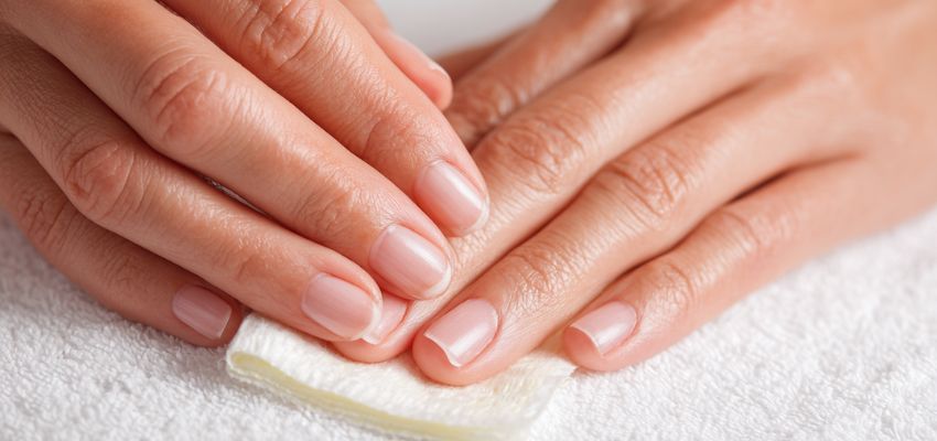Hands being cleaned with a cotton pad during nail prep steps