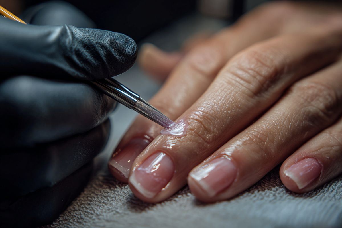 Applying product to fingernails as part of nail prep steps